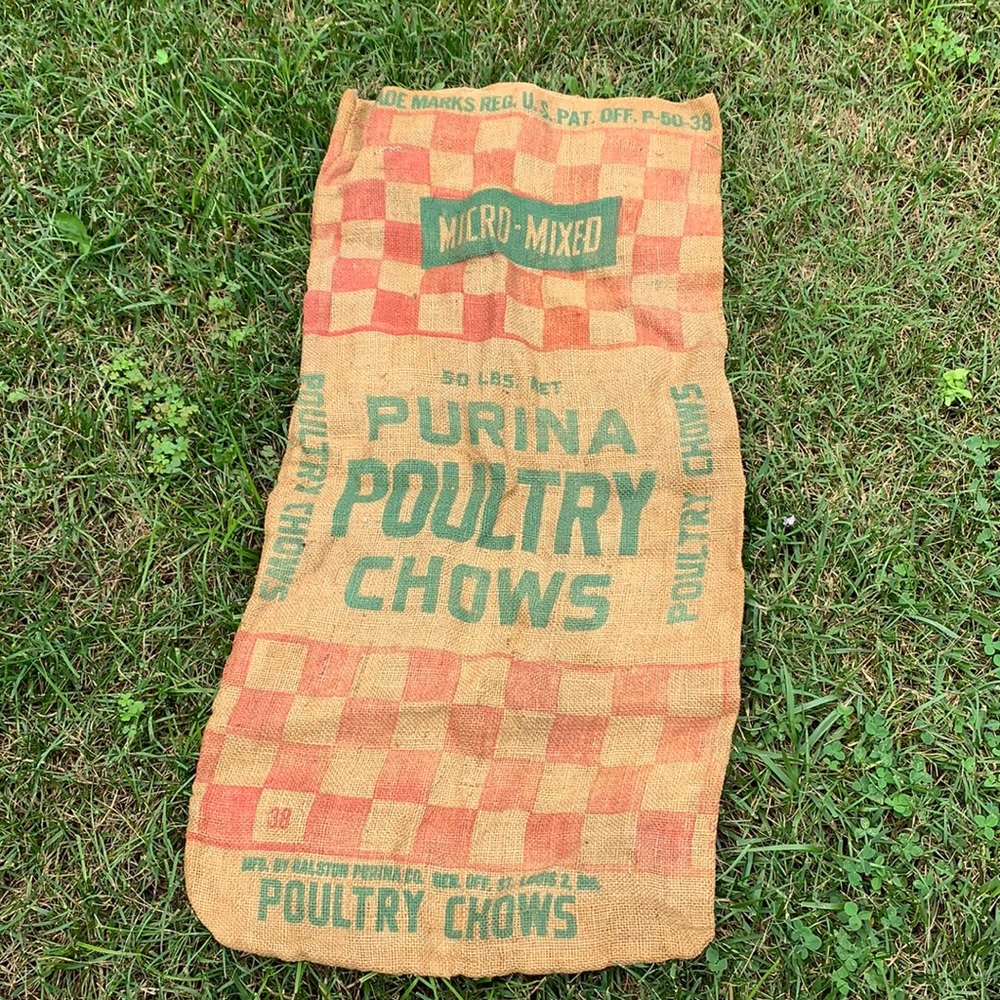 🍀 $10 3/$25! Vintage Purina Poultry Chows jute feed bag 17 x 34